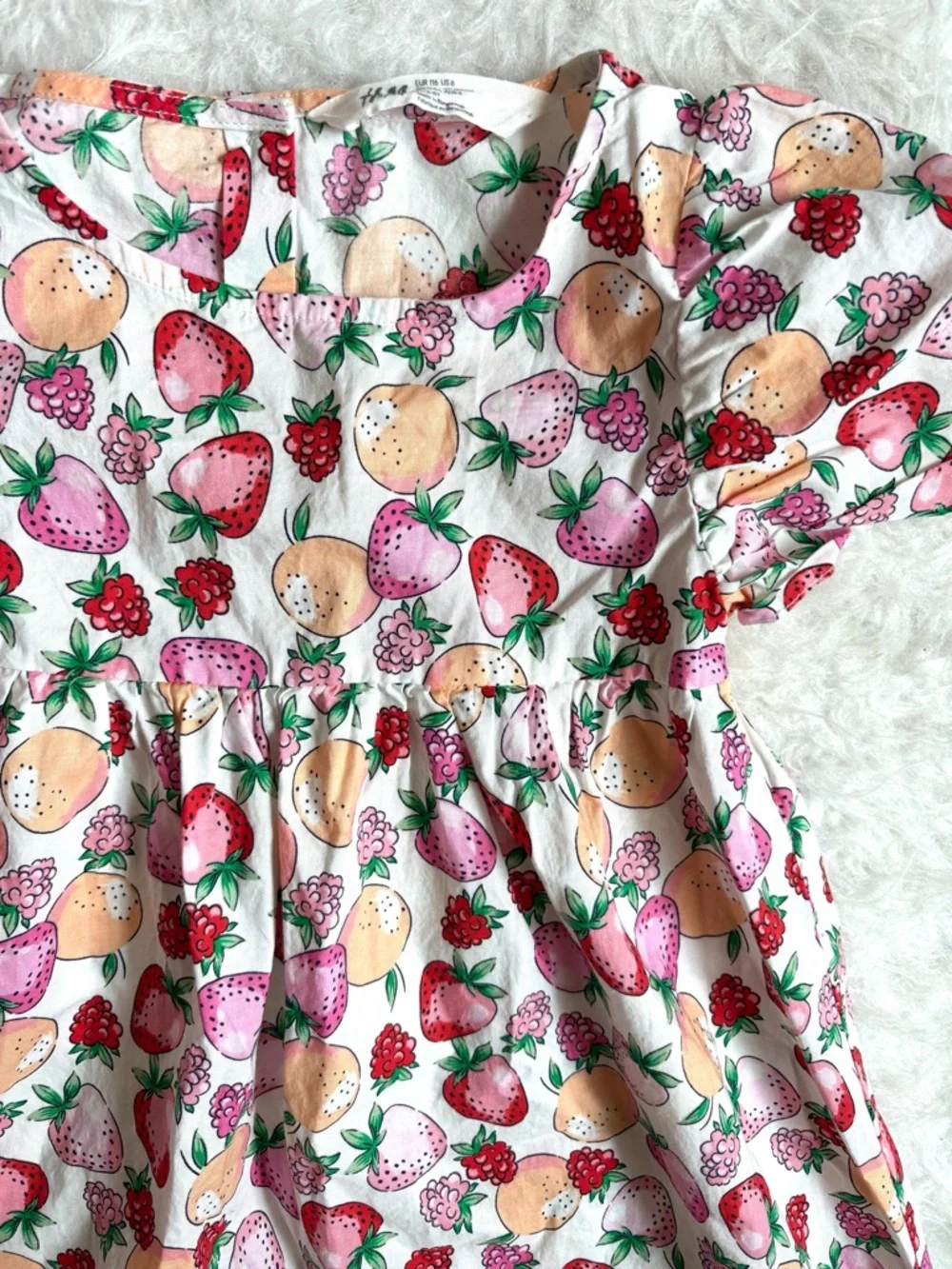 H&M Girls White Cotton Cottagecore Dress with Pink, Red & Peach Fruit AOP